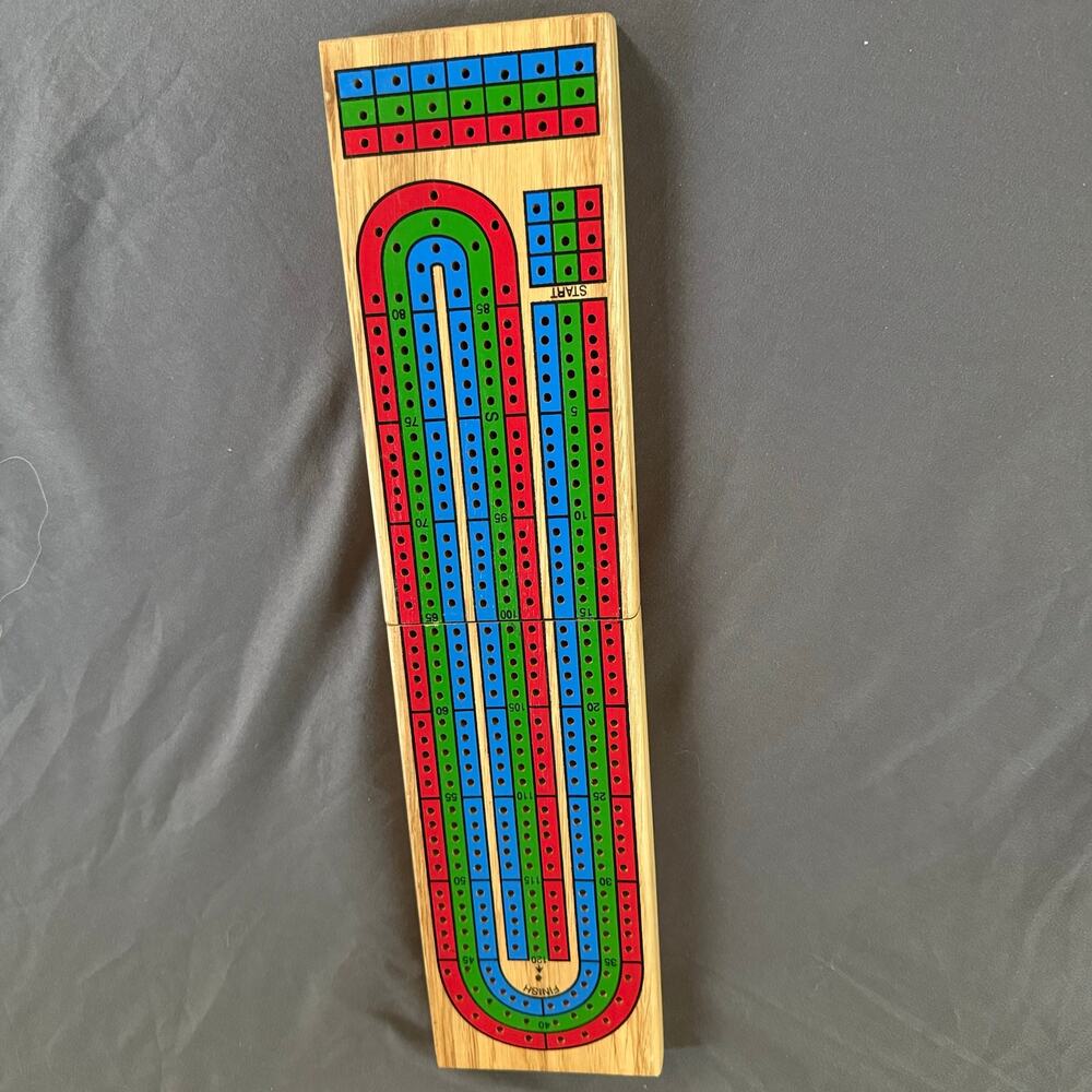 Vintage Wooden Cribbage Board 3 Track Red Green Blue Folding Board with Pegs